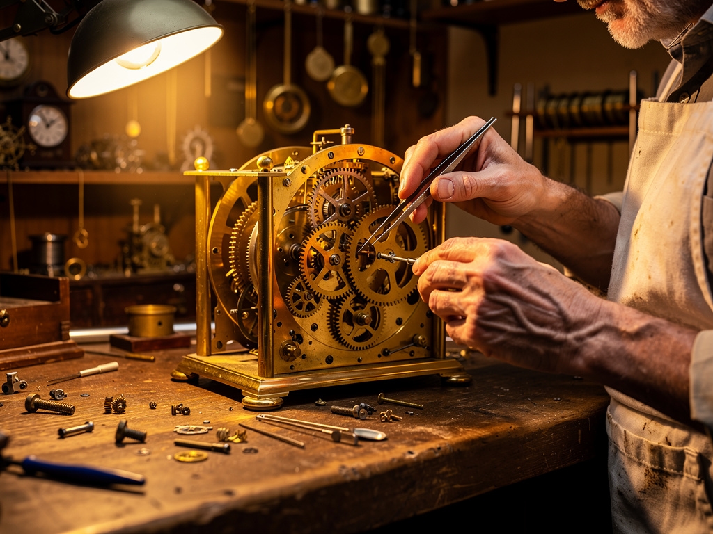 Zegarmistrz przy pracy nad mechanizmem zegara wahadłowego